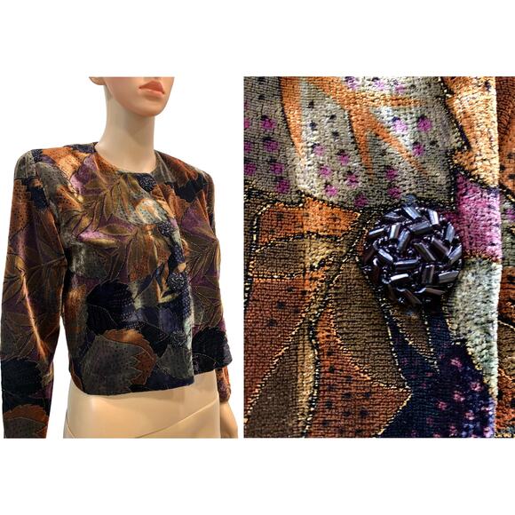 80s Cropped Painted Velvet Jacket | Metallic Brown Purple Rust | SP - Picture 1 of 9
